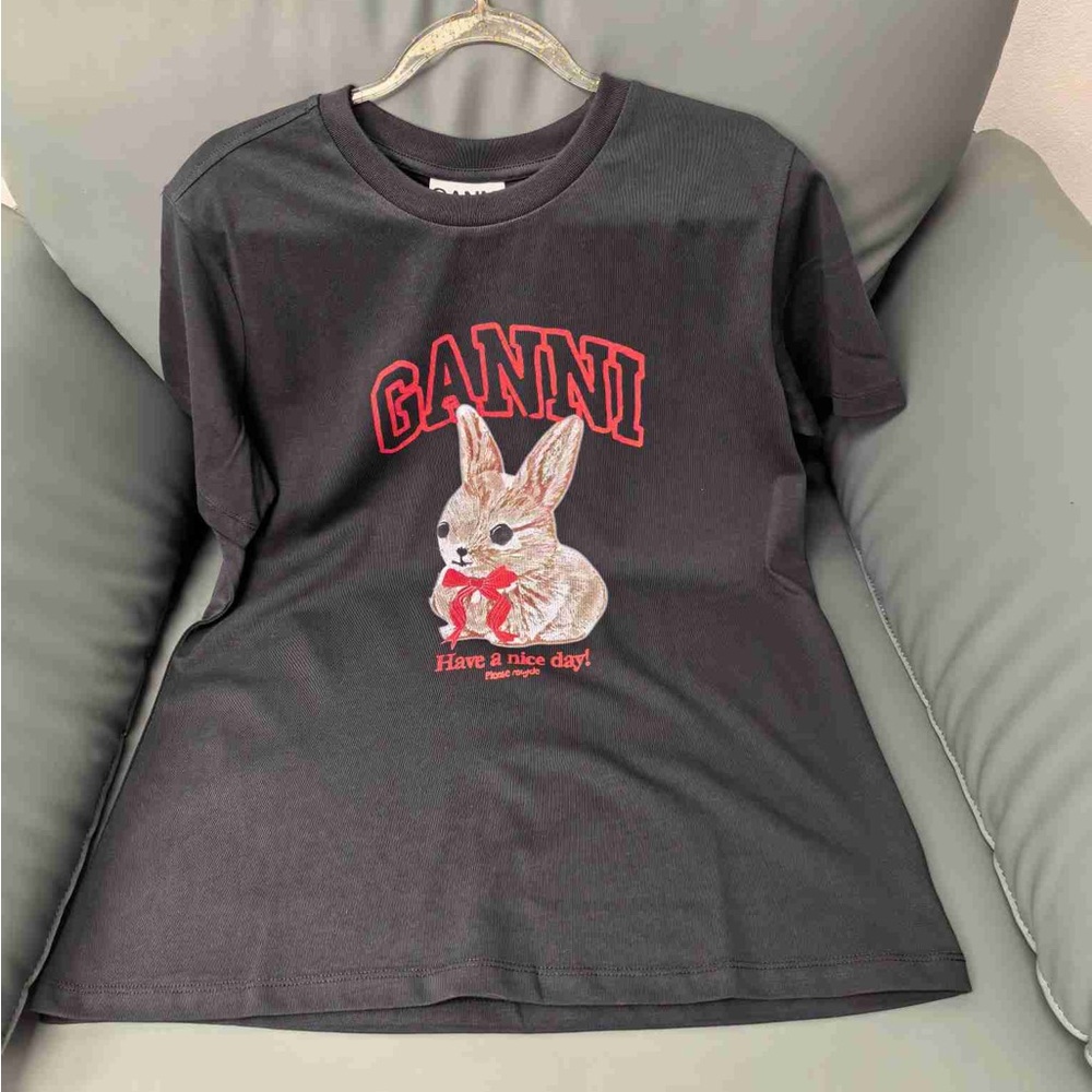 Ganni Black Tee with Red Logo and Bunny Graphic Have a Nice Day Tee - Picture 6 of 6